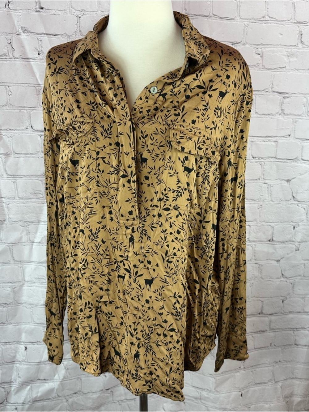 J. Jill Tan Button-Front Blouse women L Black Woodland Print cottage fall nature
